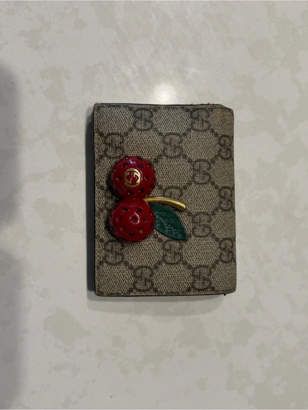 Gucci Beige GG Canvas Card Holder with Red Cherry Detail